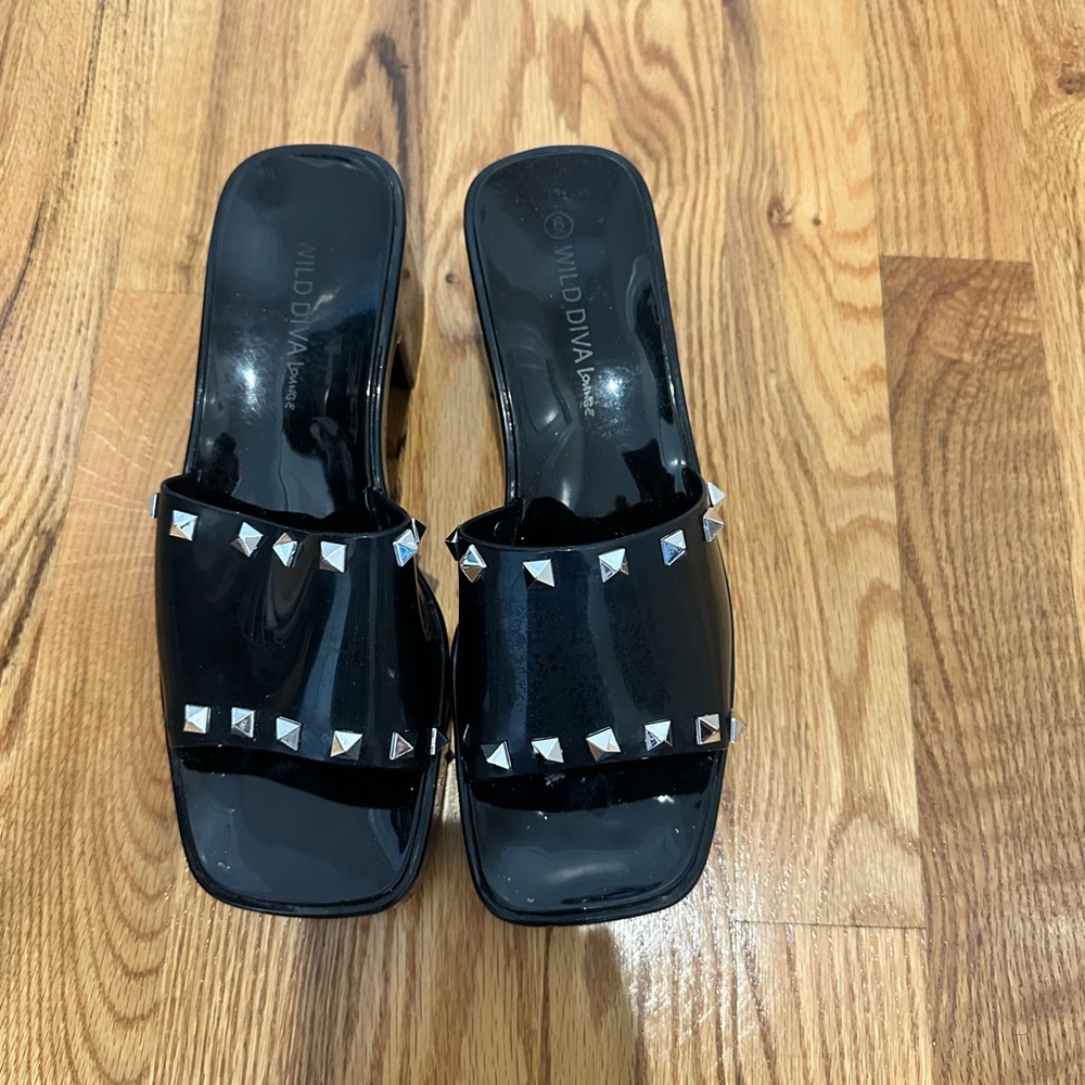 Wild Diva Black Patent Studded Slide Mules